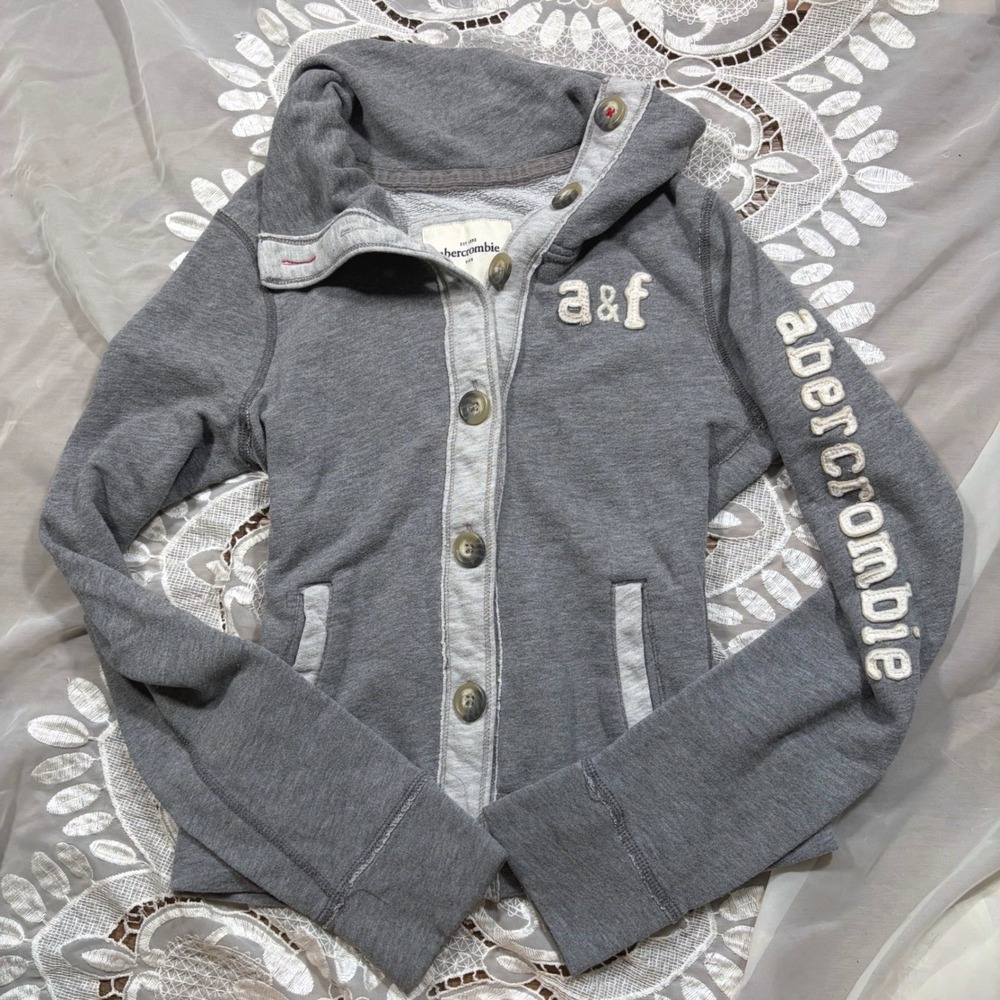 Abercrombie Y2K Fall Bella Swan Grey Button Front Hoodie Sweatshirt Logo XL